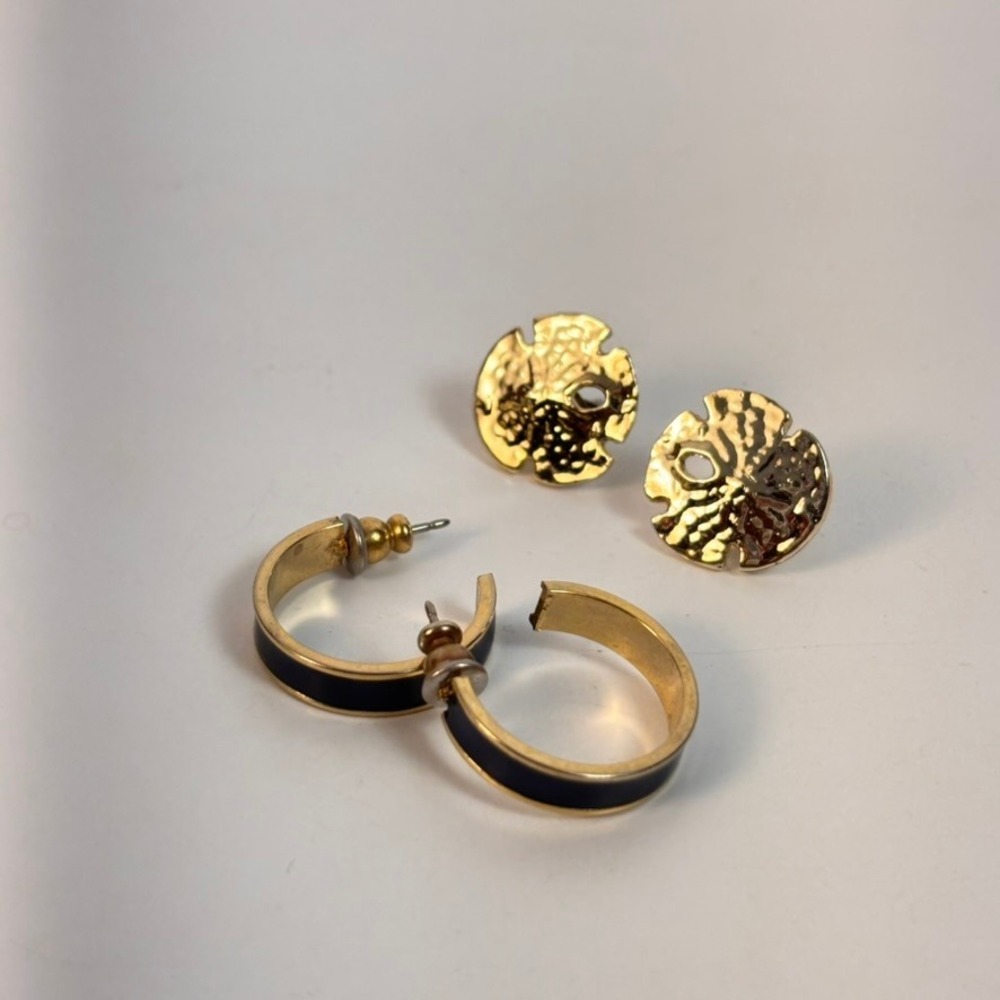 Earrings Gold Blue Enamel Hoops & Hammered Sand Dollar Studs Set Coastal Preppy